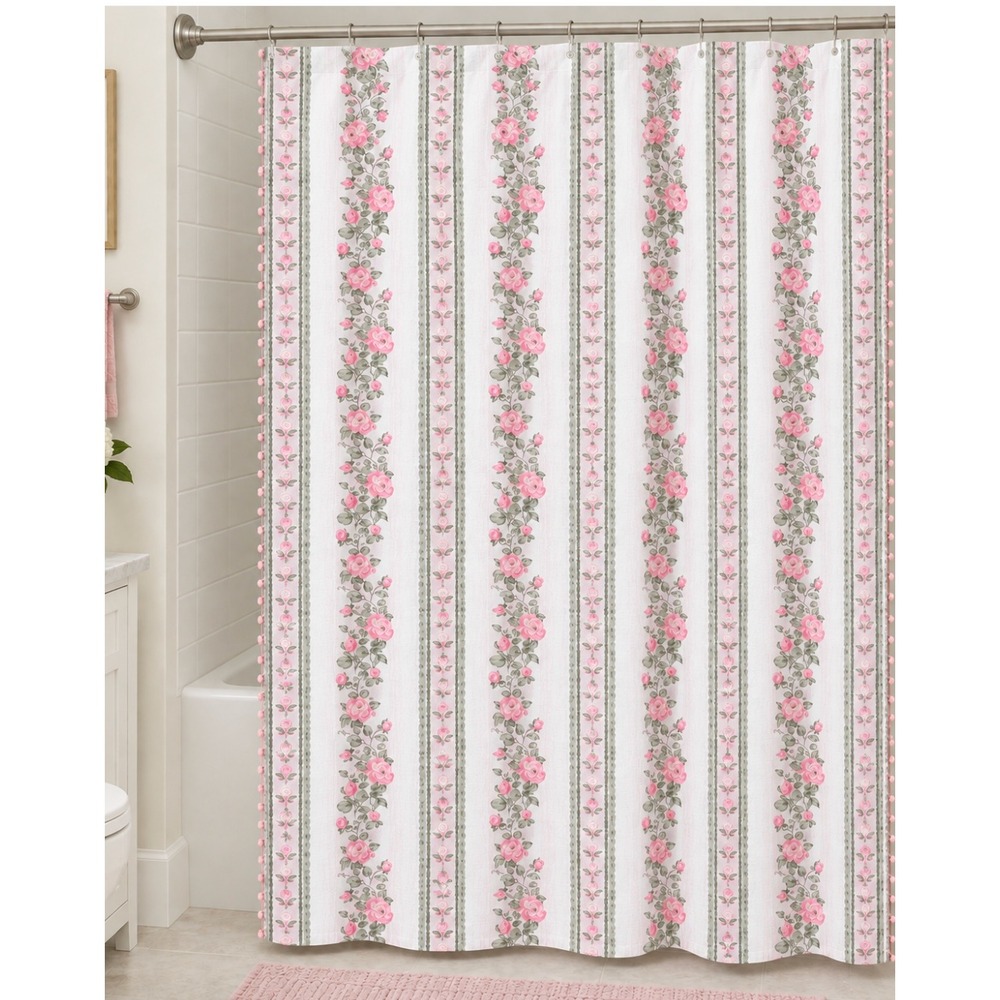 Floral Shower Curtain Pink Roses Stripe Pom Pom Trim 100% cotton Shabby Chic